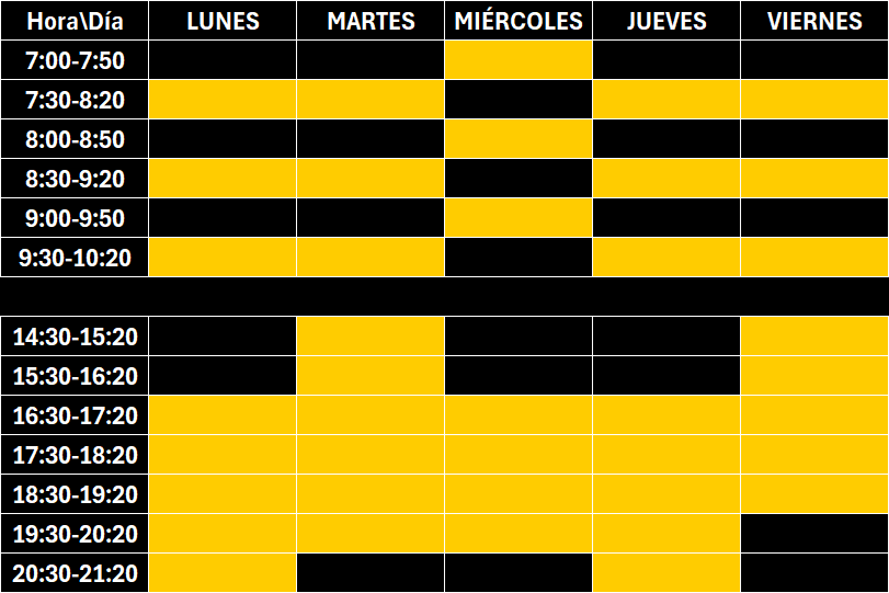 tabla con horario de clases del centro