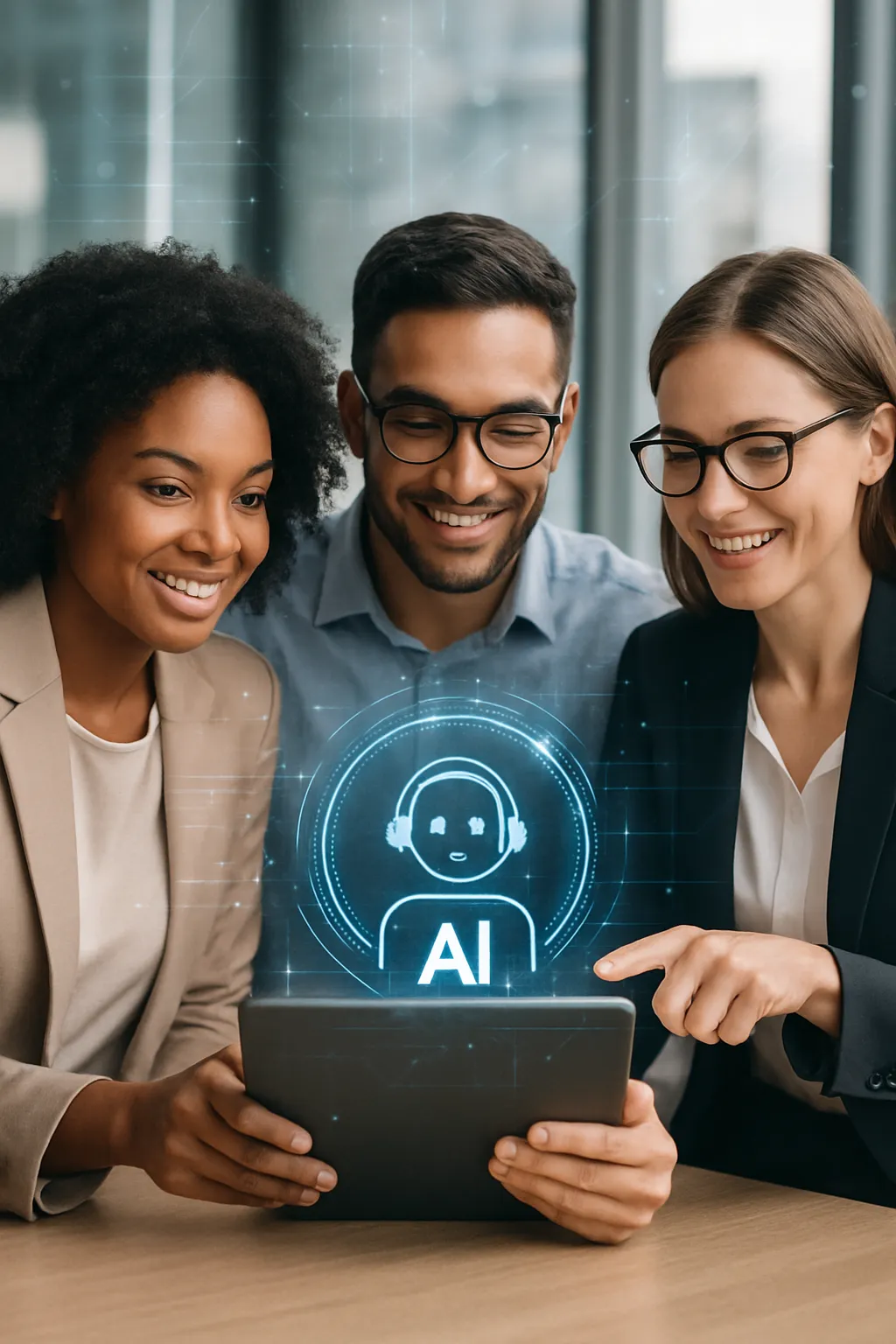 Business team using AI technology on tablet to optimize marketing strategy in a modern office setting