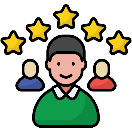 Five-star rating icon with a thumbs-up or review notification symbol indicating reputation management