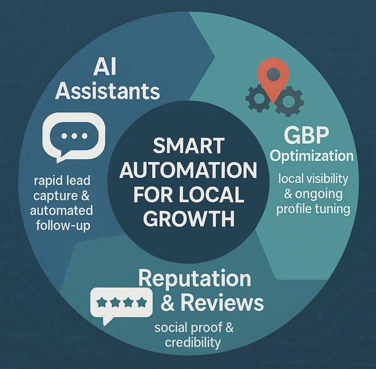 Circular diagram showing AI capturing leads, GBP improving visibility, and review systems reinforcing trust in a continuous loop