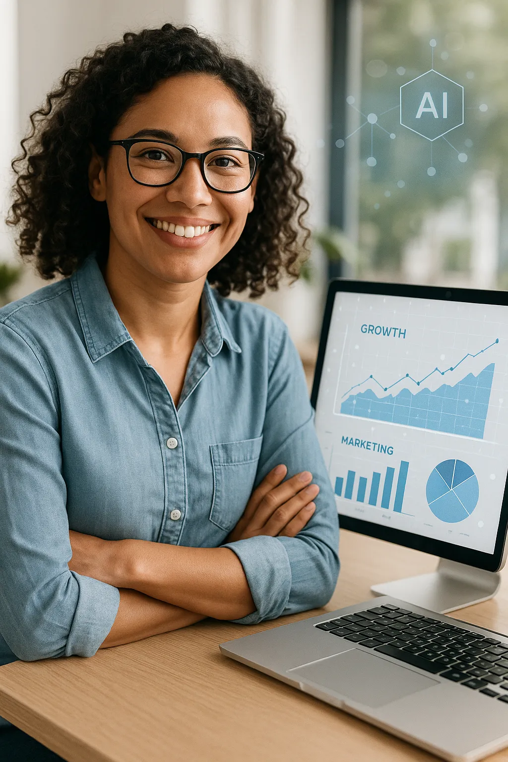 Confident business owner reviewing growth analytics on laptop, showing successful marketing performance