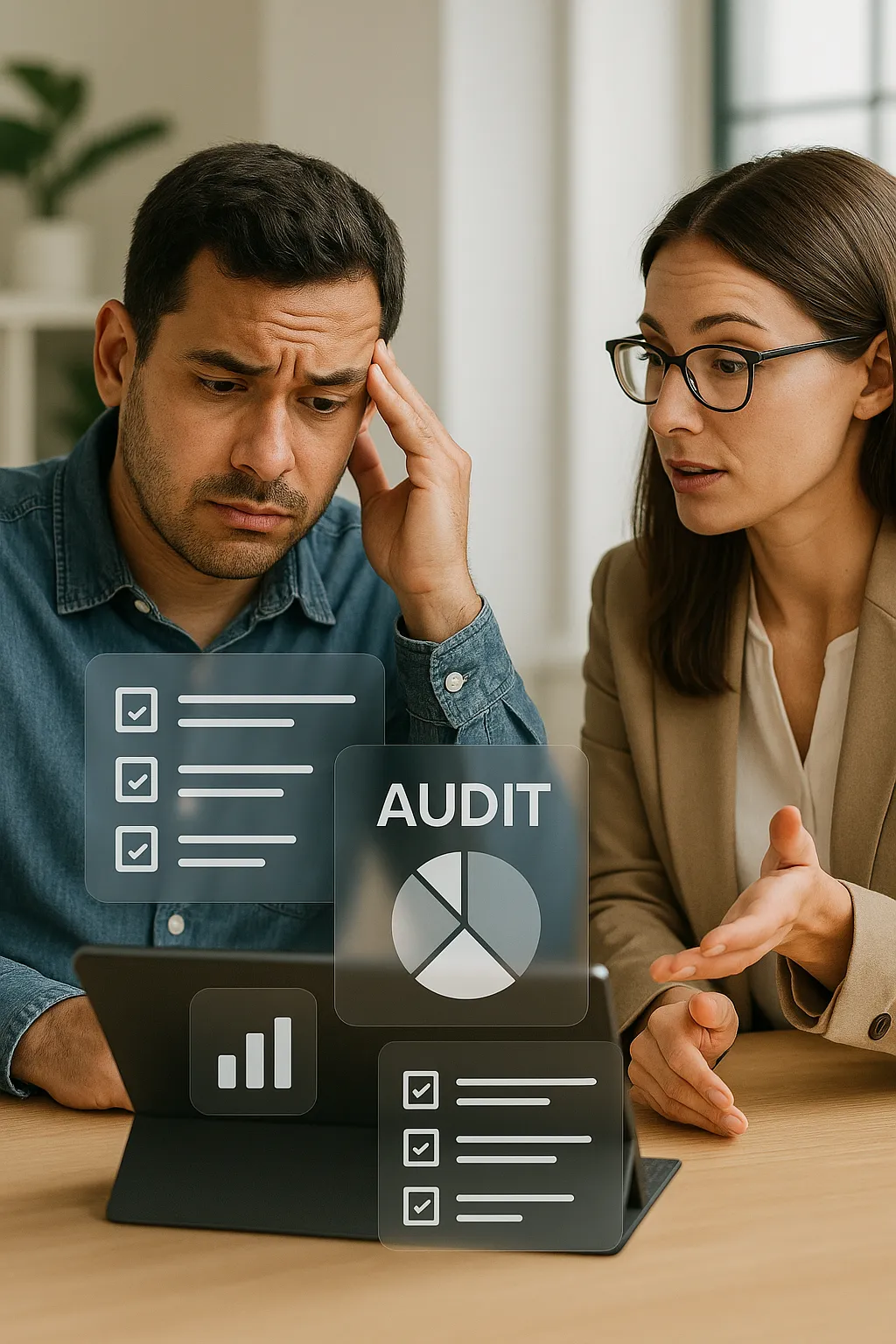 Business owner reviewing a digital marketing audit with guidance from a consultant or AI assistant