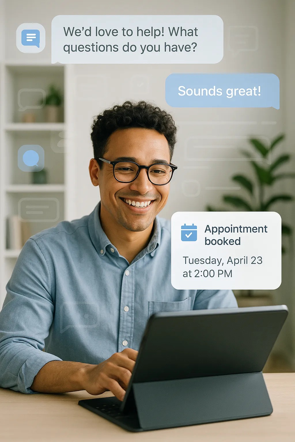 Business owner benefiting from AI assistant automation, with lead notifications and booked appointments on screen