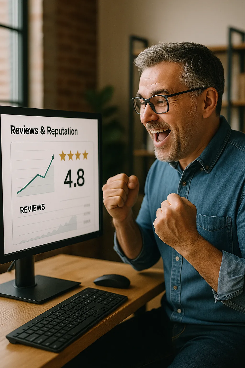 Business owner smiling at review dashboard showing 5-star growth