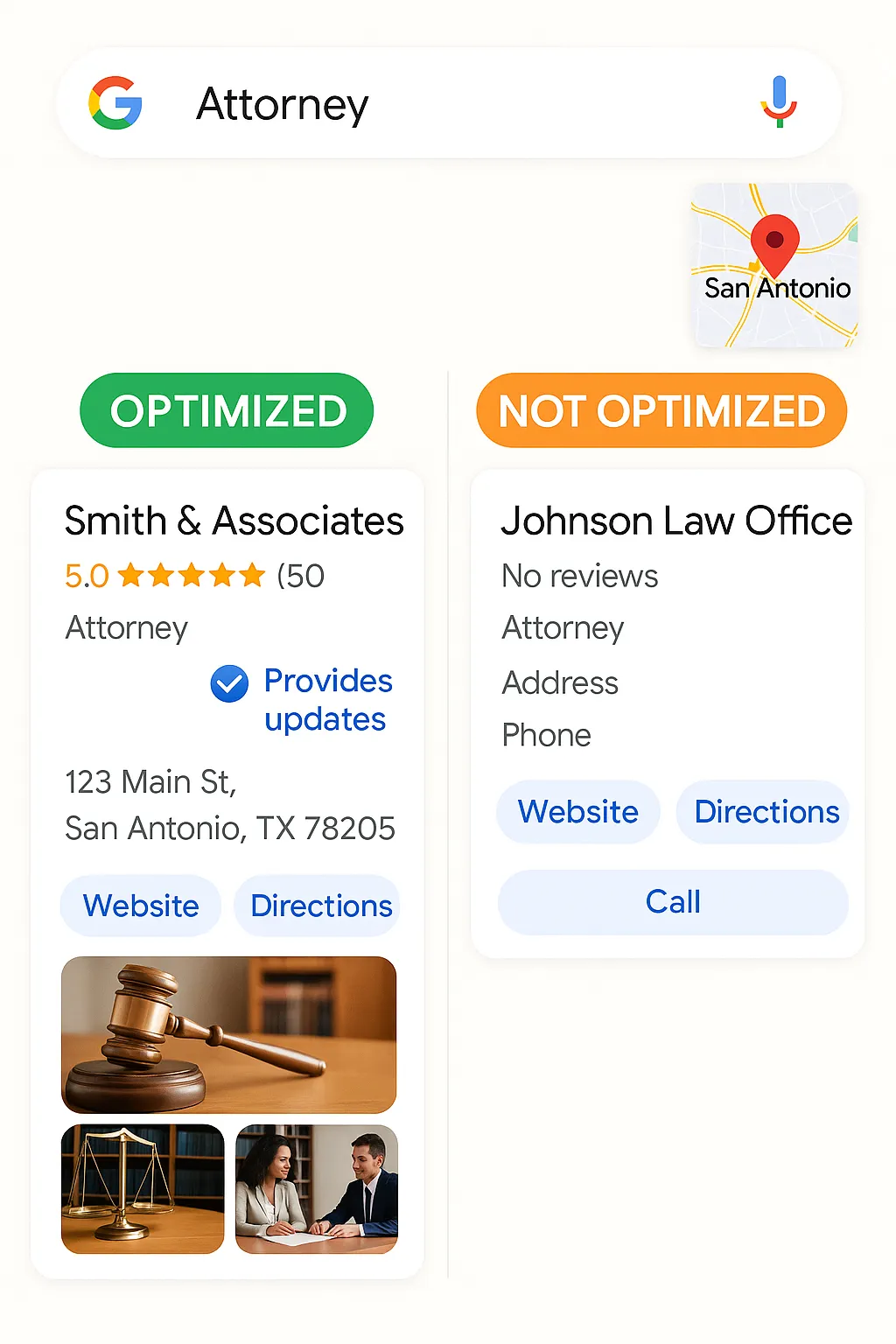 Comparison of optimized and unoptimized Google Business Profiles showing impact on visibility and trust
