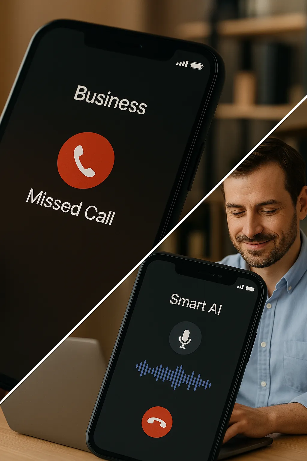 Side-by-side comparison of missed call vs. AI assistant answering and booking a customer inquiry