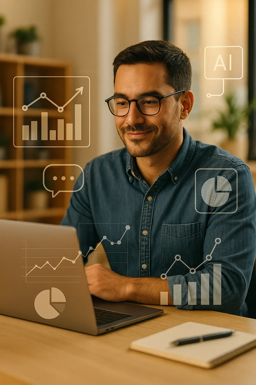 Business owner using AI marketing tools on laptop to grow local business