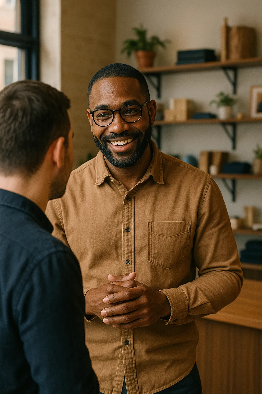 A small business owner or team leader having a face-to-face conversation with a client at a local shop or office. Emphasis on connection, authenticity, and trust.