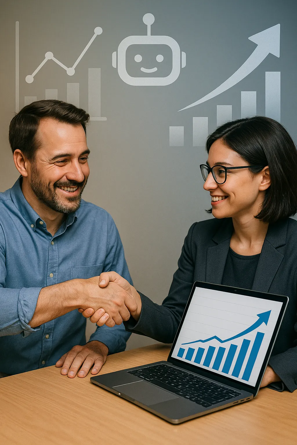 Business owner reviewing local marketing results and shaking hands with consultant