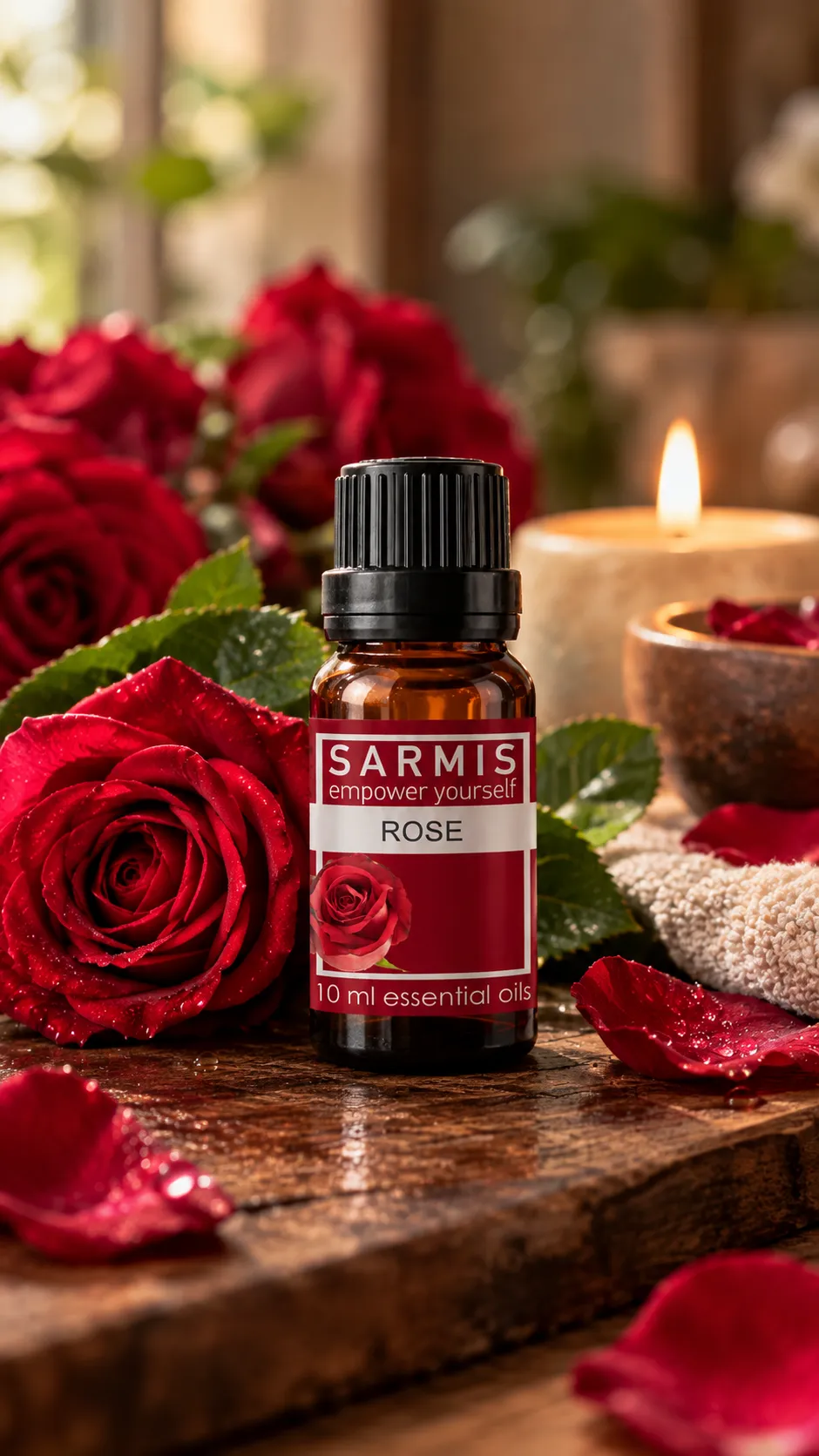 Sticla de esență pură Sarmis Rose plutind printre petale delicate de trandafir