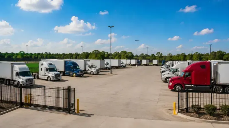 Small fleet truck parking in Bossier City with multiple trucks and trailers parked in organized rows
