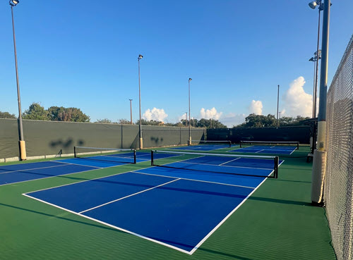 Completed pickleball court with green and blue playing areas, net, and surrounding fence