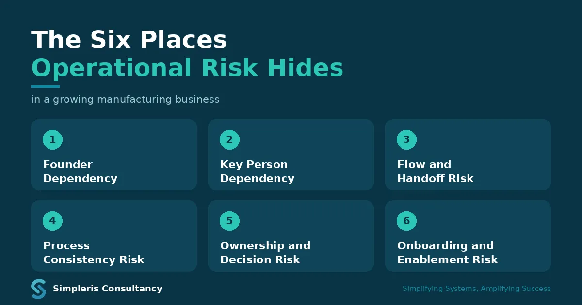 The six pillars of operational risk: Founder Dependency, Key Person Dependency, Flow and Handoff Risk, Process Consistency Risk, Ownership and Decision Risk, and Onboarding and Enablement Risk.