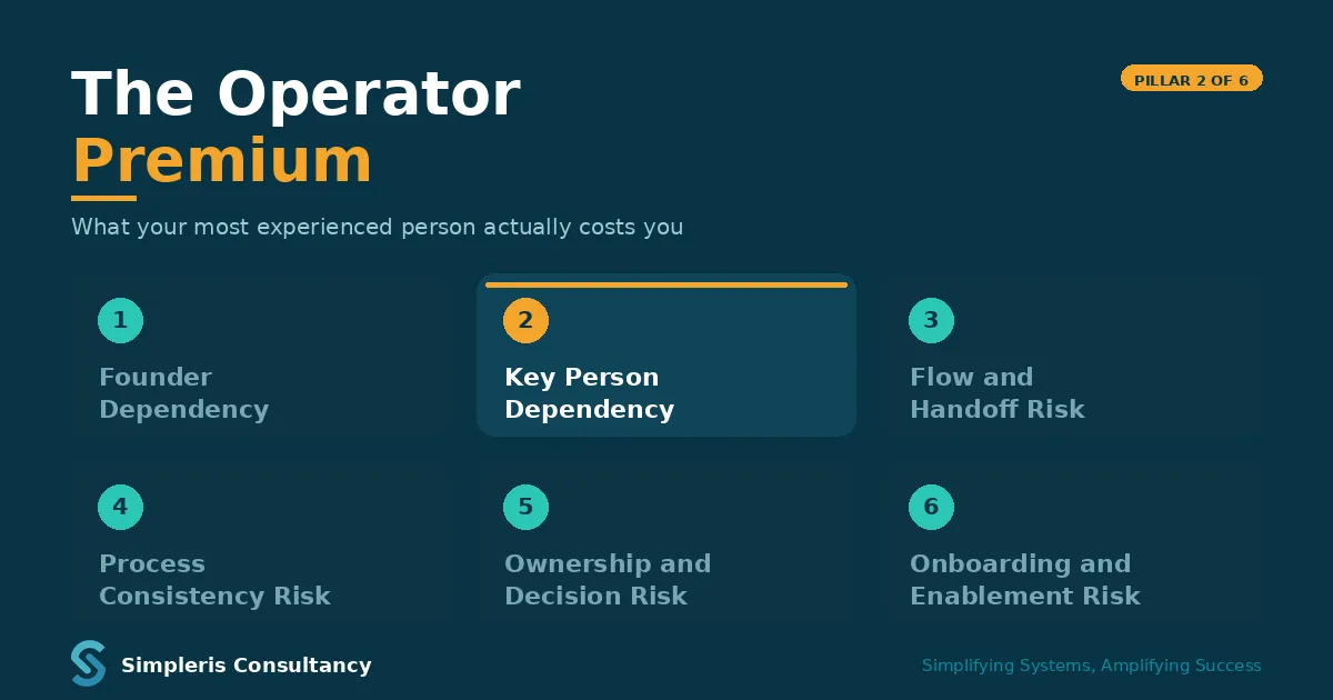The six pillars of operational risk with Key Person Dependency, Pillar 2, highlighted in amber as the focus of the post.