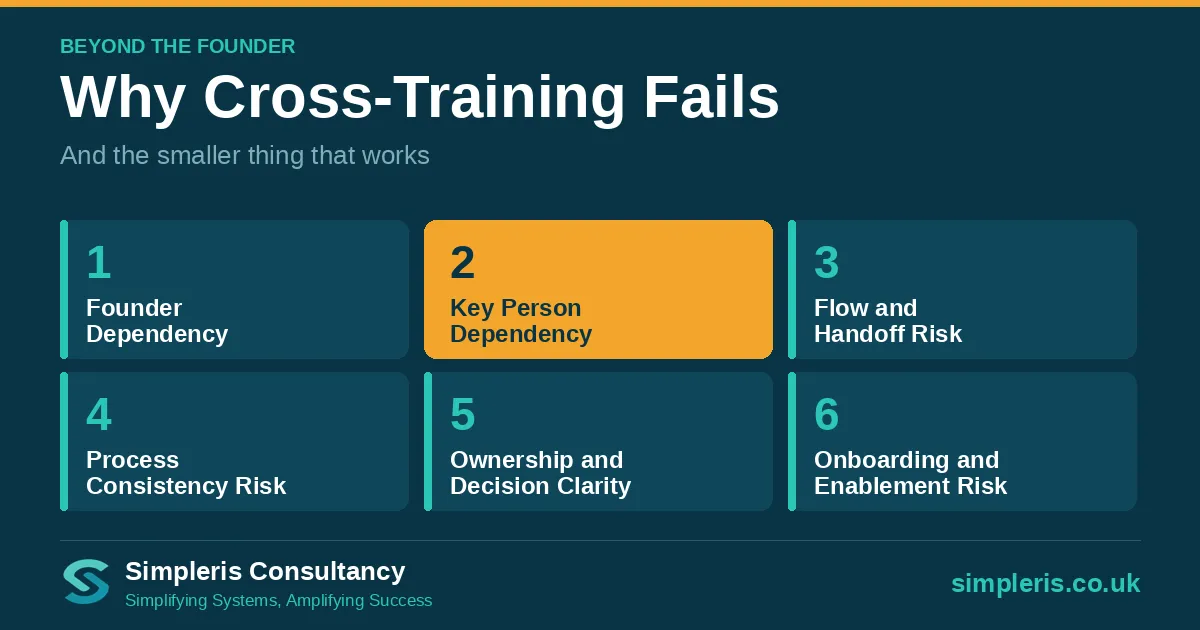 The six pillars of operational risk with Key Person Dependency, Pillar 2, highlighted in amber as the focus of the post.