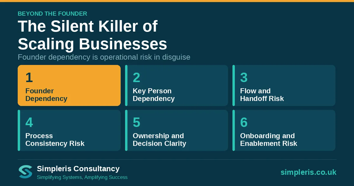 The six pillars of operational risk with Founder Dependency, Pillar 1, highlighted in amber as the focus of the post.