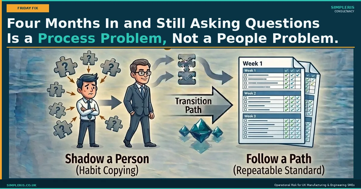 Simpleris Friday Fix iceberg image showing the Onboarding and Enablement Risk pillar. A new hire asking questions after four months. No written path, shadowing habits not standards, and slow time to independence as hidden operational cost.