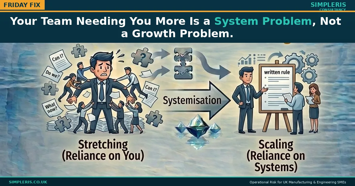 Simpleris Friday Fix blog tile: "Your Team Needing You More Is a System Problem, Not a Growth Problem" illustrated as a stretched founder (reliance on you) becoming a calm founder with a written rule the team can follow (reliance on systems).