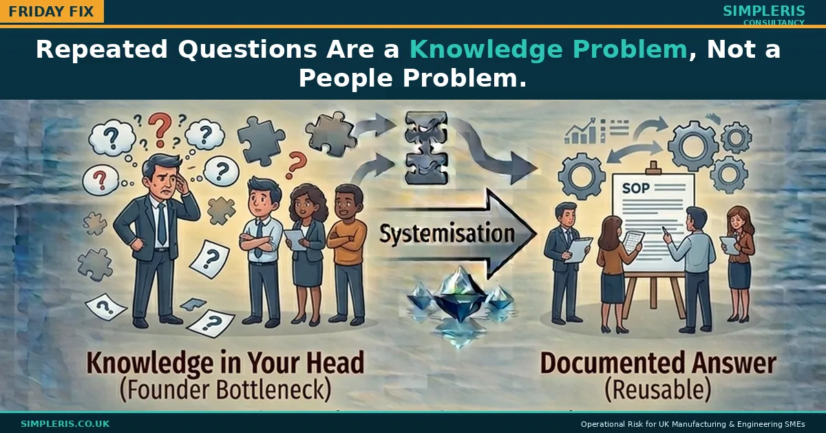 Simpleris Friday Fix image on founder dependency: pain of the same question reaching you twice, fix of documenting the answer once.