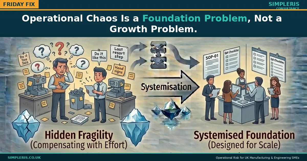 Simpleris Friday Fix image on process consistency: pain of business feeling chaotic since you grew, fix of treating each chaos point as something growth revealed.
