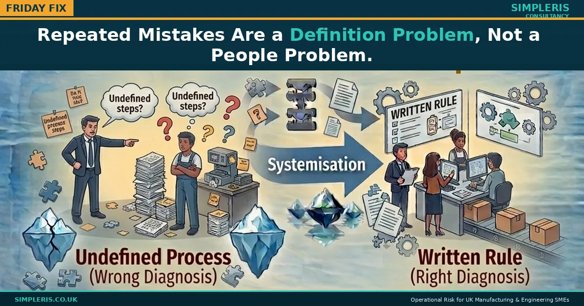 Simpleris Friday Fix blog tile: "Repeated Mistakes Are a Definition Problem, Not a People Problem" illustrated as a blamed team member with an undefined task becoming a confident team member following a clear written process.
