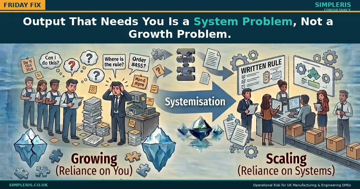 Simpleris Friday Fix blog tile: "Output That Needs You Is a System Problem, Not a Growth Problem" illustrated as a stretched founder (growing without systems) becoming a calm team running off documented standards (system-led scaling).