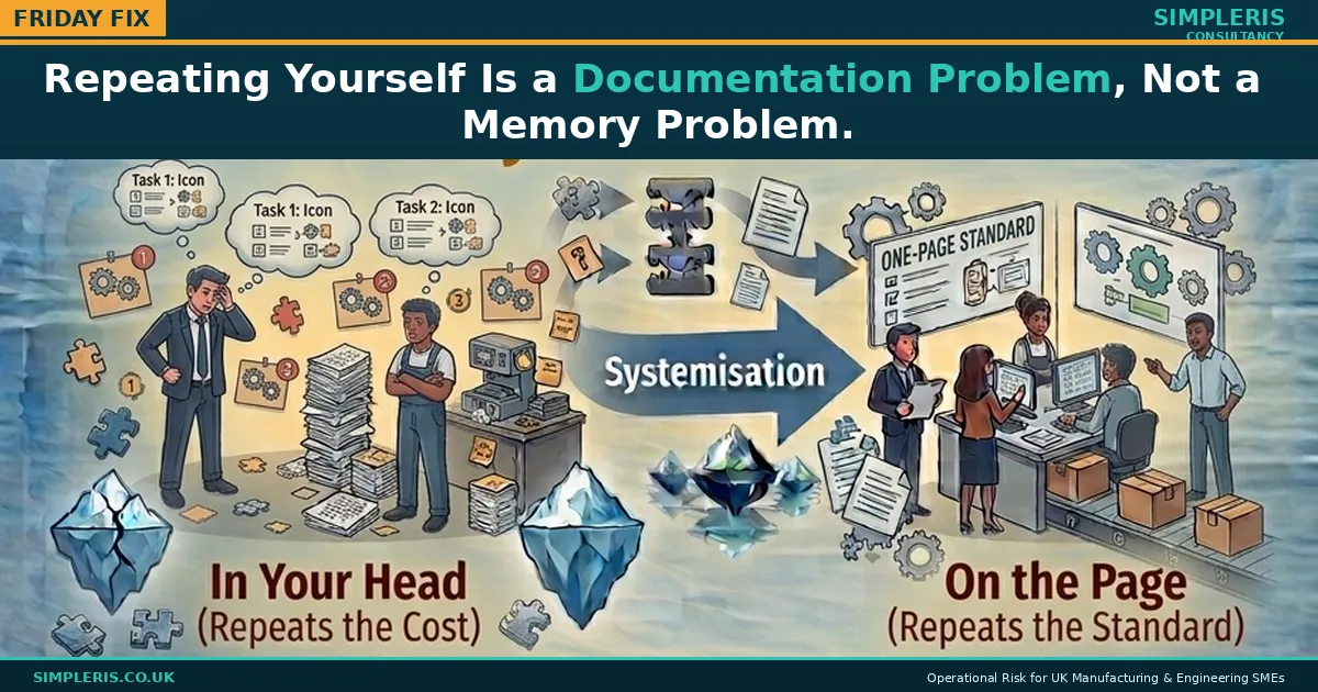 Simpleris Friday Fix blog tile: "Repeating Yourself Is a Documentation Problem, Not a Memory Problem" illustrated as a founder running a recurring task from memory becoming a team running the same task off a written standard.