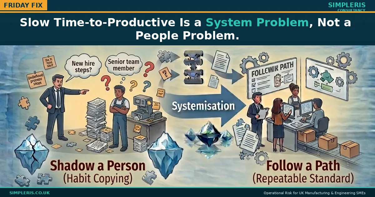Simpleris Friday Fix blog tile: "Slow Time-to-Productive Is a System Problem, Not a People Problem" illustrated as a new hire shadowing a senior in confusion becoming a new hire following a written onboarding path with confidence.