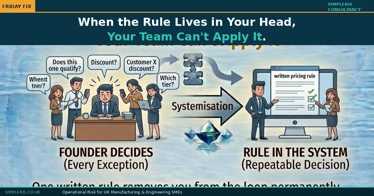 Simpleris Friday Fix infographic showing an undocumented pricing decision transitioning through systemisation to a written rule the whole team can follow, Founder Dependency risk, Friday Fix, Simpleris