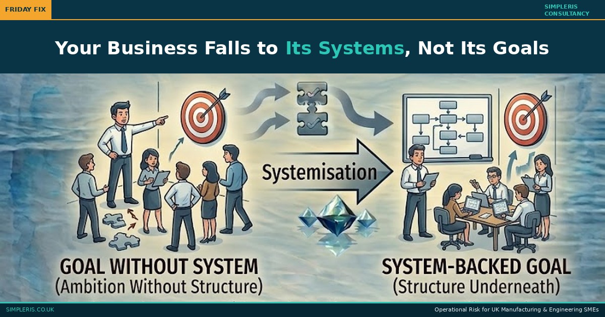 Simpleris Friday Fix blog tile: Your Business Falls to Its Systems illustrated as a goal set without a system becoming a goal supported by a documented operating process.