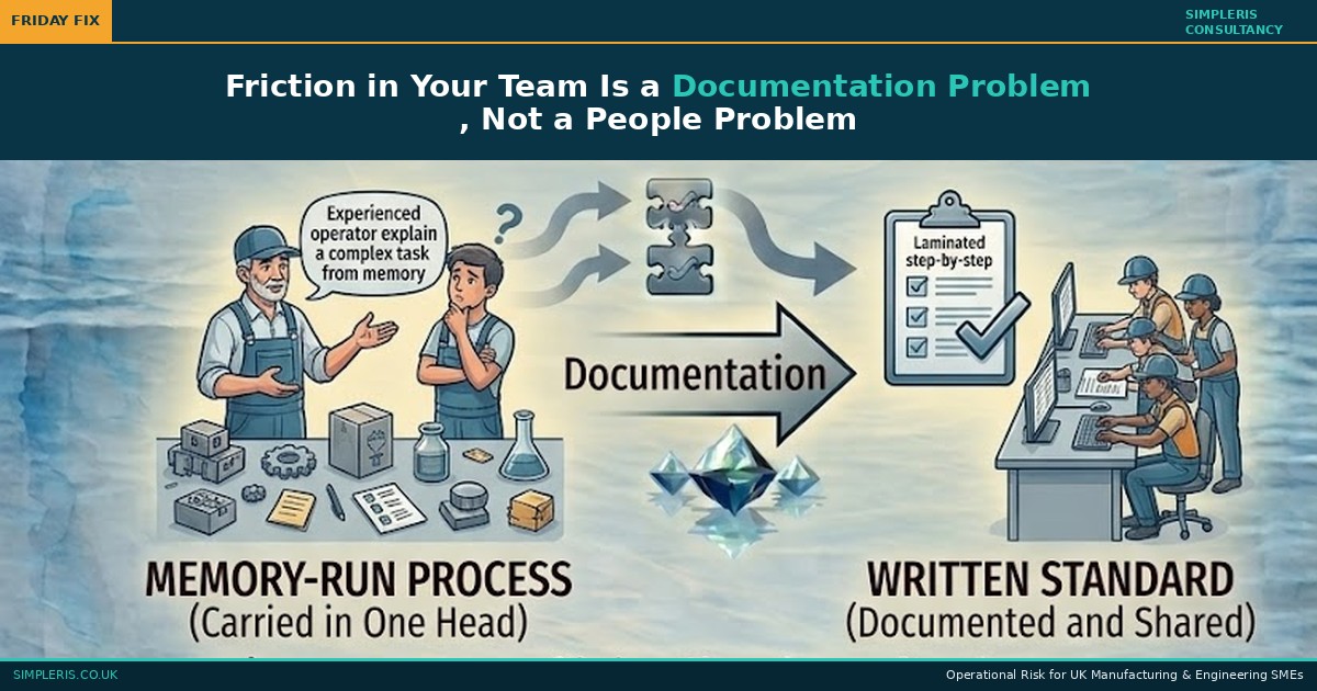 Simpleris Friday Fix blog tile: Write the Steps illustrated as a team slowed by an undocumented process becoming a team working efficiently from a written standard.