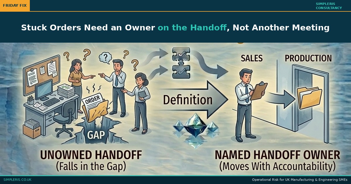 Simpleris Friday Fix blog tile: Stuck Orders Need an Owner illustrated as an order lost between sales and production becoming an order moving through a named handoff point.