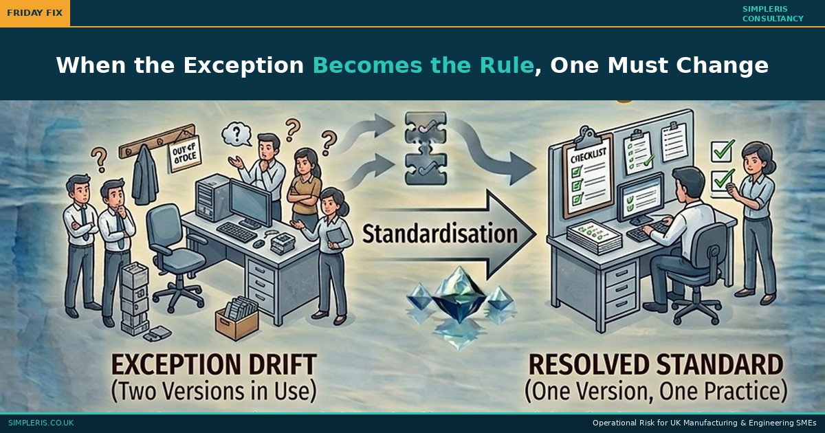 Simpleris Friday Fix blog tile: When the Exception Becomes the Rule illustrated as two versions of the same process in circulation becoming one documented standard followed by everyone.