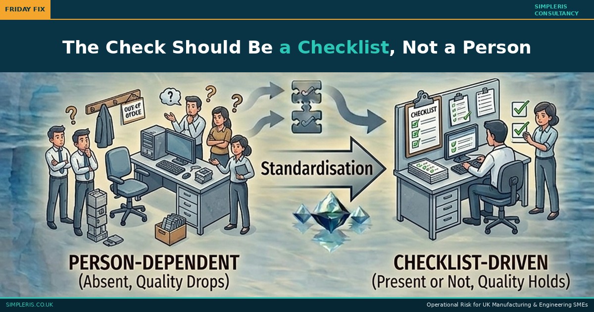 Simpleris Friday Fix blog tile: The Check Should Be a Checklist illustrated as a quality check relying on one expert becoming a quality check backed by a written checklist.