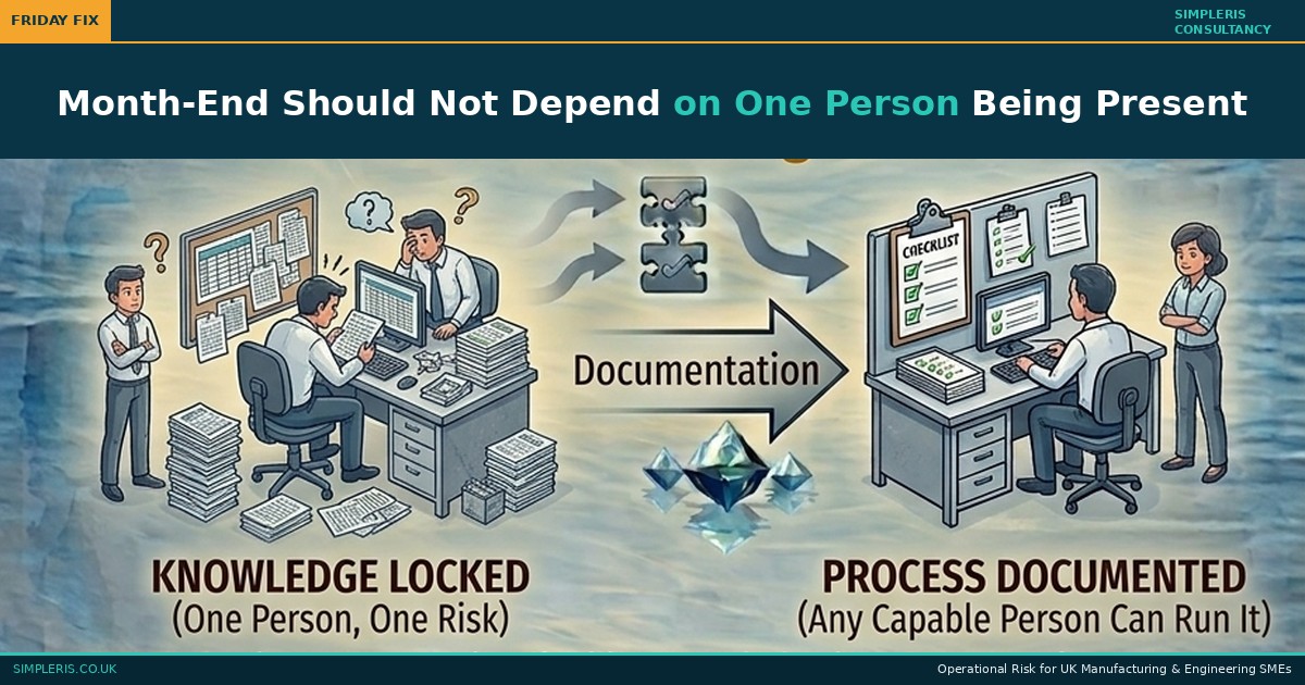 Simpleris Friday Fix blog tile: Month-End Should Not Depend on One Person illustrated as month-end knowledge locked in one person becoming a documented process any capable person can run.