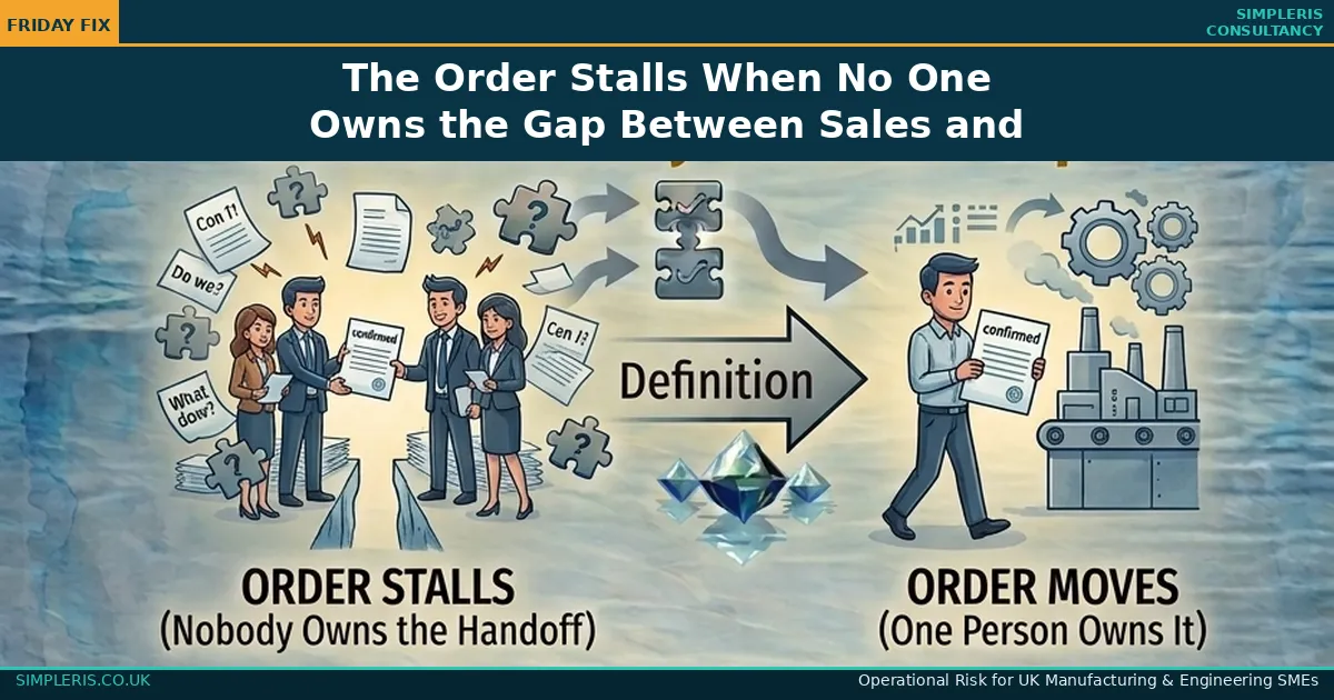 Simpleris Friday Fix infographic showing order stalling transitioning through definition to order moving, sales to production handoff, Friday Fix, Simpleris