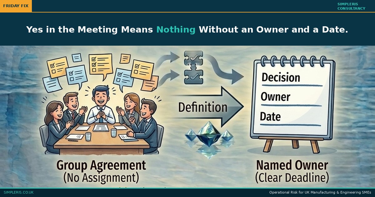Simpleris Friday Fix infographic showing Group Agreement (no assignment) transitioning through ownership design to Named Owner (clear deadline), meeting accountability, Friday Fix, Simpleris