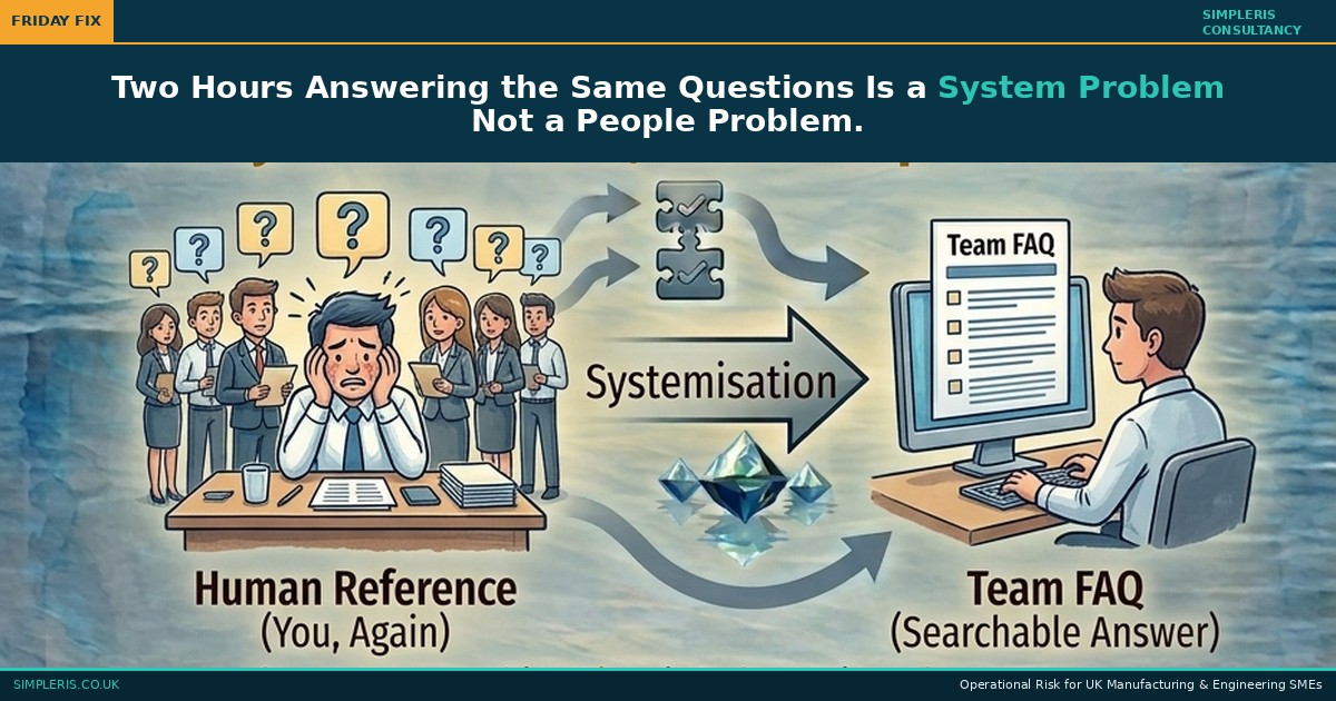 Simpleris Friday Fix infographic showing Human Reference (you again) transitioning through documentation to Team FAQ (searchable answer), founder dependency, Friday Fix, Simpleris