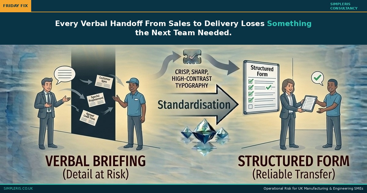 Simpleris Friday Fix blog tile: Every Verbal Handoff From Sales to Delivery Loses Something the Next Team Needed illustrated as Verbal Briefing becoming Structured Form.