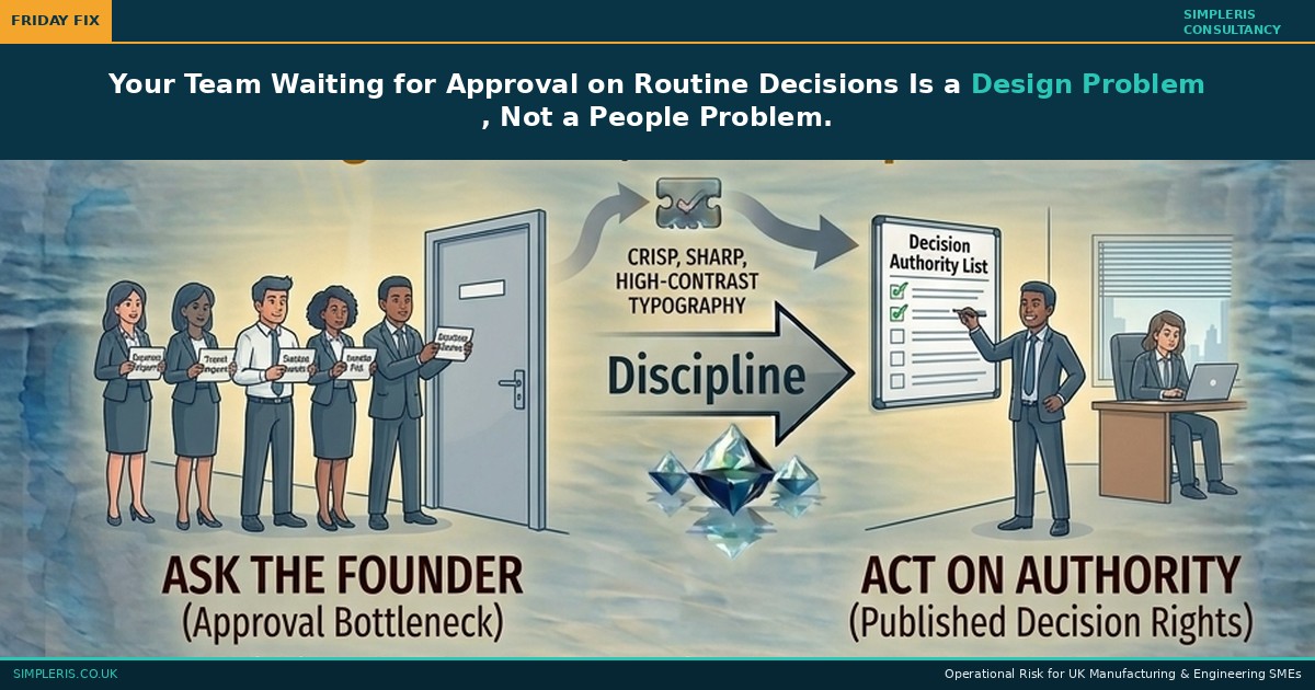 Simpleris Friday Fix blog tile: Waiting for Approval on Routine Decisions Is a Design Problem Not a People Problem illustrated as Ask the Founder becoming Act on Authority.