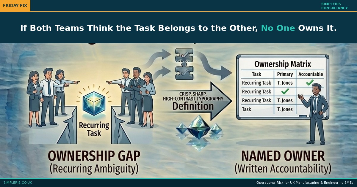 Simpleris Friday Fix blog tile: If Both Teams Think the Task Belongs to the Other No One Owns It illustrated as Ownership Gap becoming Named Owner.