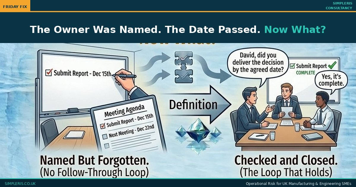 Simpleris Friday Fix infographic showing a named decision owner leaving a meeting and returning to the next meeting without having delivered, transitioning through a follow-up question to a pattern where decisions made in the room are decisions that move, Ownership and Decision Clarity, Friday Fix, Simpleris
