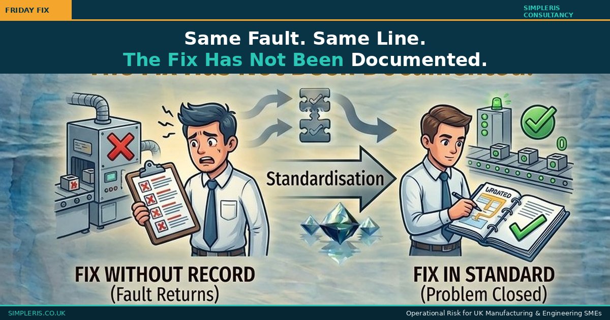 Simpleris Friday Fix infographic showing a recurring defect on a production line transitioning through documenting the fix to a stable written standard that prevents recurrence, Process Consistency, Friday Fix, Simpleris