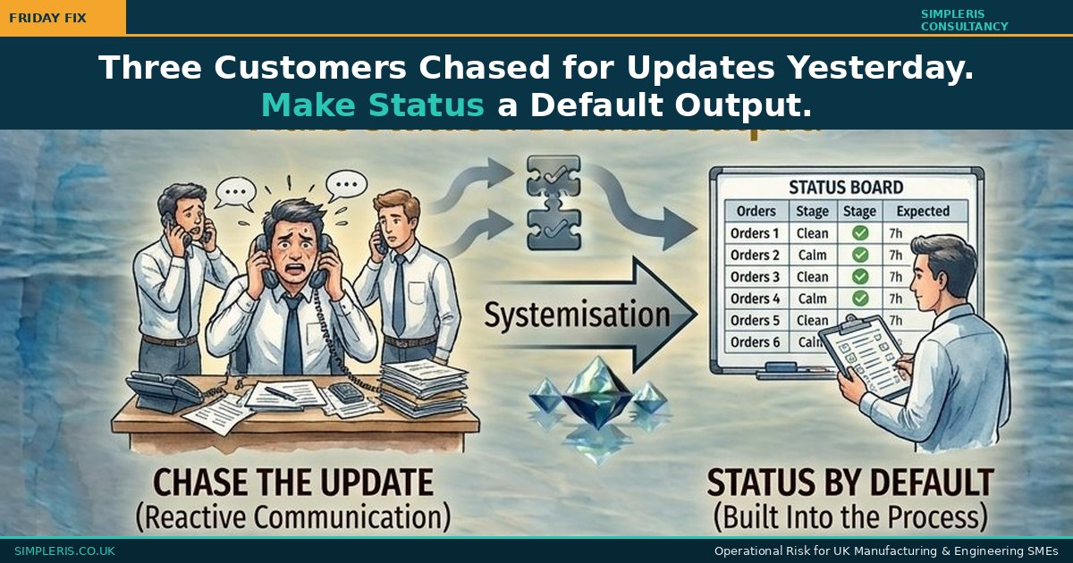 Simpleris Friday Fix infographic showing customers chasing a business for updates transitioning through a defined process step to status updates sent automatically, Flow and Handoff Risk, Friday Fix, Simpleris