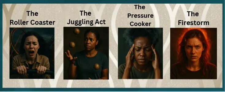 A vibrant digital illustration of a diverse group of adults, each with a unique expression, gathered around a glowing brain-shaped table. The background features abstract, swirling blue and gold patterns, symbolizing creativity and insight. The scene conveys collaboration, discovery, and personal growth in a modern, uplifting style.