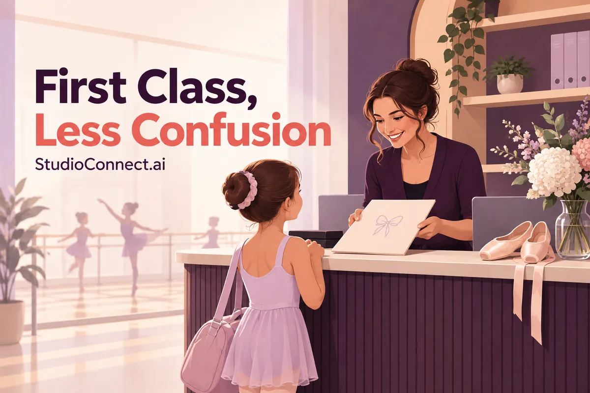 StudioConnect.ai first-class onboarding guide with a welcoming dance studio front desk
