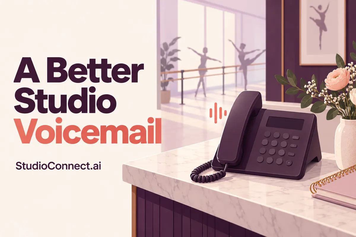 StudioConnect.ai voicemail scripts guide with a studio desk telephone