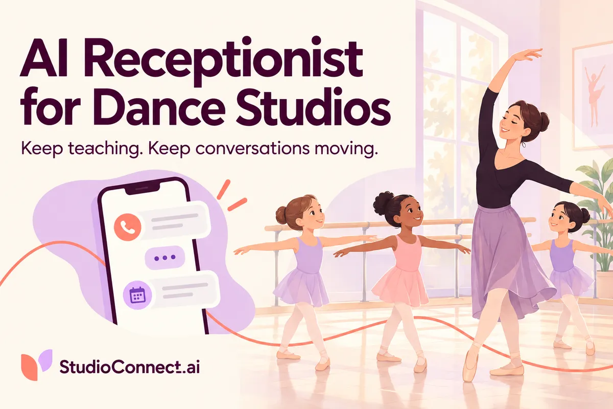 Dance teacher leading a ballet class beside phone and chat symbols, illustrating AI receptionist support for dance studios.
