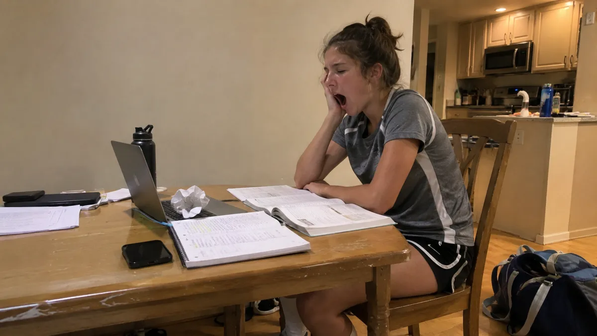 Student athlete balancing golf practice and college prep work at her study desk