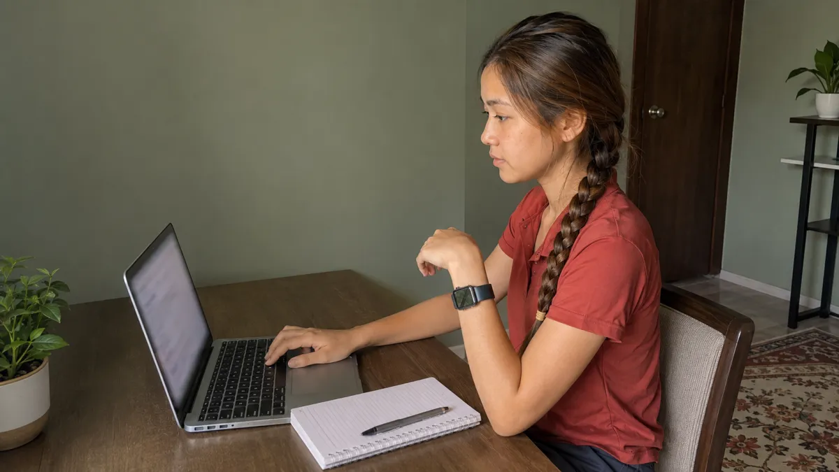 Junior golfer writing a personalised email to a college coach at her desk